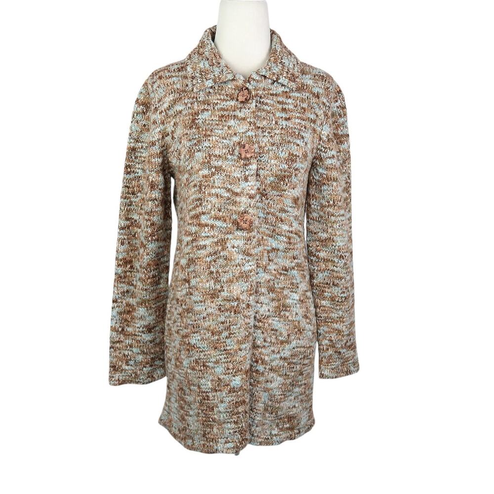 Vintage 90s Wind River Brown and Blue Marled Knit Long Cardigan Sweater M